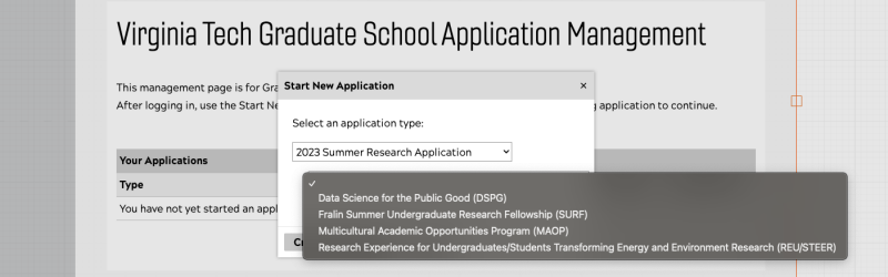 Screenshot of the Virginia Tech Graduate School Application Portal